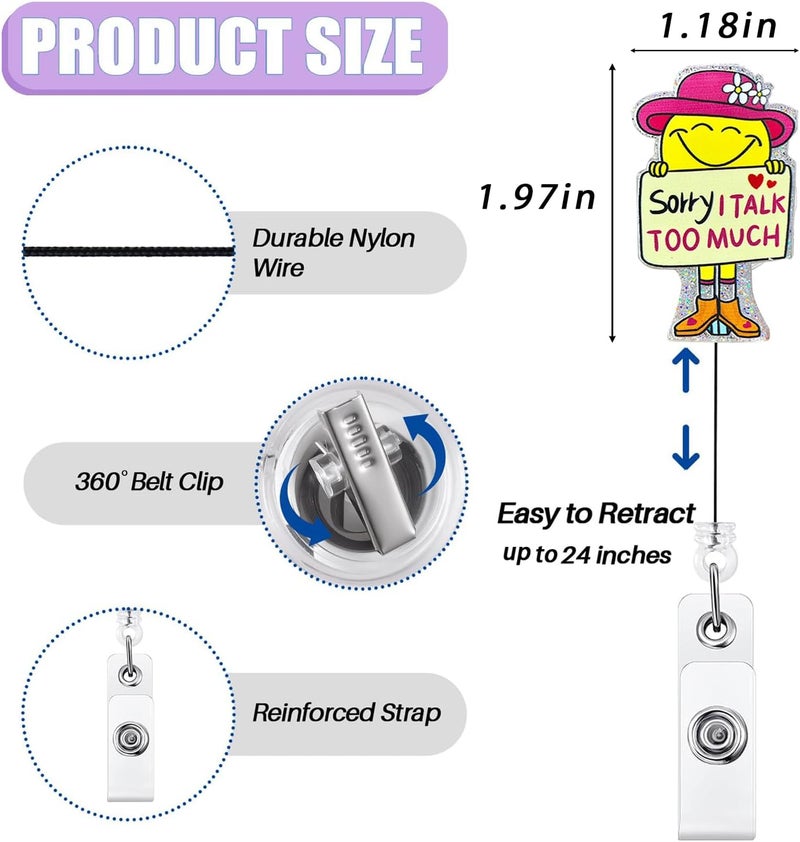 Bydevia Sorry I Talk Too Much Badge Reel Retractable, Funny Badge Reel for Nurse Nursing RN MA CNA LPN Medical Worker & Office Staff, Smiley Girl Badge Holder with Alligator Clip & 24” Durable Nylon Cord - Image 2